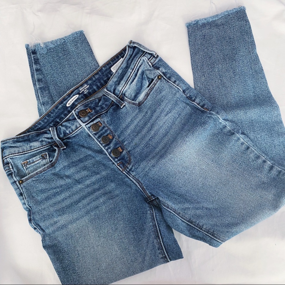 OLD NAVY medium wash denim rockstar super skinny button fly raw hem jeans
